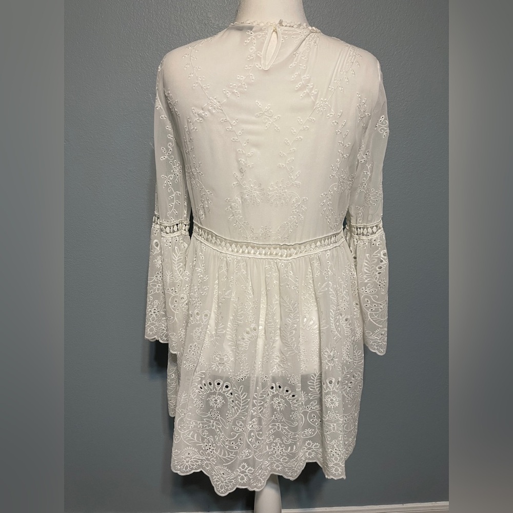 Zara Sheer White Eyelet Cutwork Babydoll Dress Bridal Cottagecore Boho Large - Picture 3 of 8
